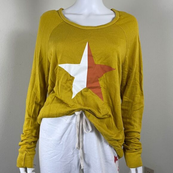 Sundry Women Size M Yellow White Stars Pullon Sweatpant Crew Neck Top Set Lounge - Picture 13 of 15